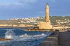 Greece, Crete, Chania harbor, old town. Chania Lighthouse. Art Print